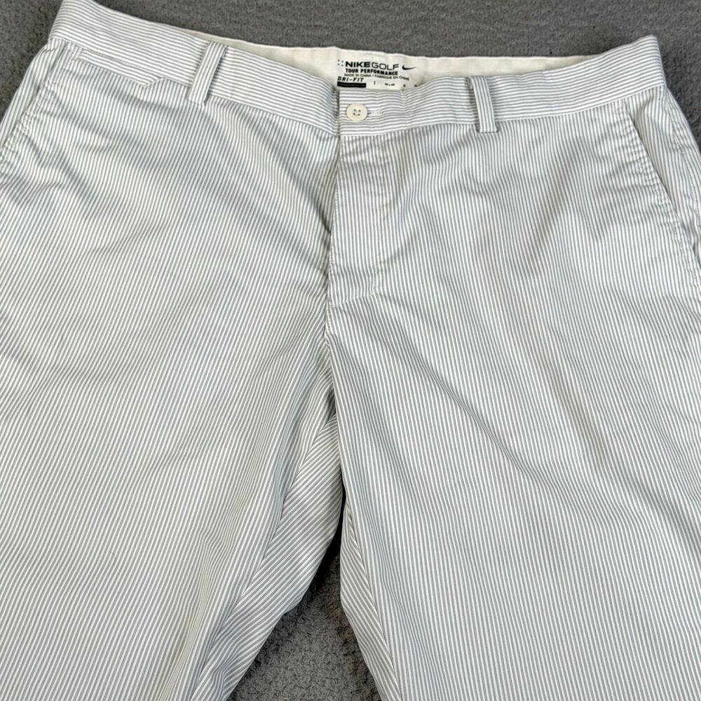 NIKE GOLF Pants Men 36x32 Gray White Pinstripe Chino Performance Flat Front Logo